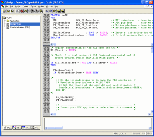 PLC application frame for axis group applications in CoDeSys environment